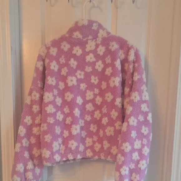 Pink Lily Purple and White Floral Sherpa Half-Zip Sweater - Picture 5 of 6